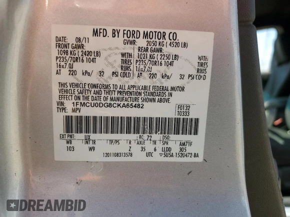 2012 Ford Escape XLT with VIN 1FMCU0DG8CKA65482, listed as a Copart auction lot 62140615 with 204,205 mi miles and Clean title. Bid and sale history available at DreamBid. Image 13.