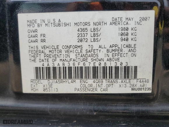 2007 Mitsubishi Galant ES with VIN 4A3AB36F67E081303, listed as a Copart auction lot 64400114 with 110,157 mi miles and Salvage Title. Bid and sale history available at carsss.com. Image 13.