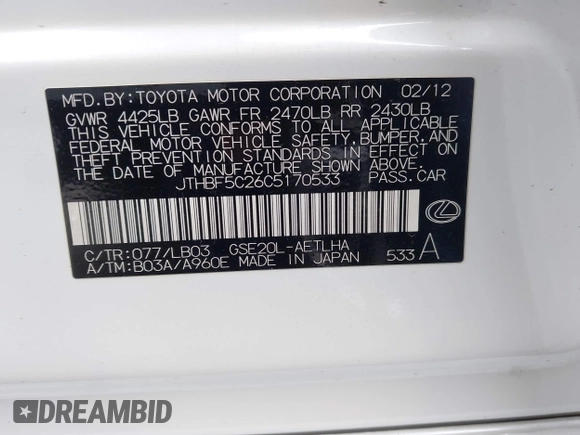 2012 Lexus IS 250 with VIN JTHBF5C26C5170533, listed as a IAAI auction lot 42020810 with 161,611 mi miles and . Bid and sale history available at DreamBid. Image 9.