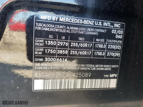 2003 Mercedes-Benz M-Class 3.7L with VIN 4JGAB57E73A425089, listed as a Copart auction lot 69558274 with 188,468 mi miles and Salvage Title. Bid and sale history available at carsss.com. Image 13.