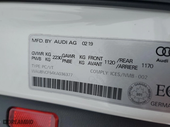 2019 Audi A5 Sportback Premium Plus with VIN WAUBNCF54KA036377, listed as a Copart auction lot 87181174 with NaN miles and Salvage Title. Bid and sale history available at carsss.com. Image 12.