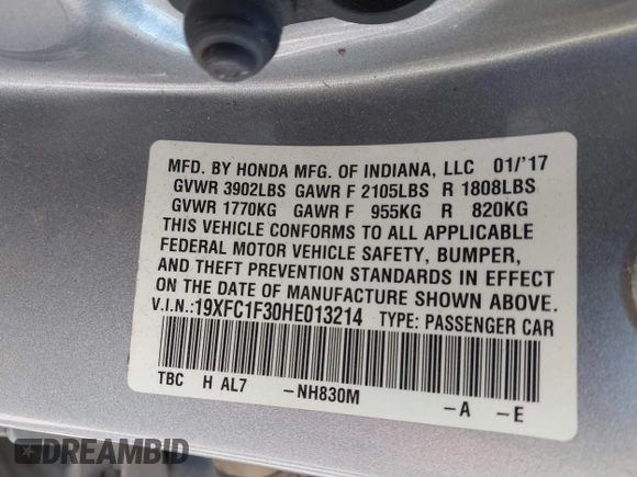 2017 Honda Civic Sedan EX-T with VIN 19XFC1F30HE013214, listed as a IAAI auction lot 41931716 with 185,215 mi miles. Bid and sale history available at carsss.com. Image 9.