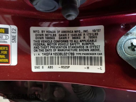 2008 Honda Civic LX z VIN 1HGFA16538L021789, wystawiony jako Copart lot #58223345 z przebiegiem 128 089 mil mil oraz Szkoda całkowita • Salvage title. Historia ofert i sprzedaży dostępna na DreamBid. Obrazek 12.