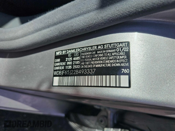 2002 Mercedes-Benz E-Class with VIN WDBJF65J22B493337, listed as a Copart auction lot 80128414 with 0 mi miles and Clean Title. Bid and sale history available at carsss.com. Image 10.