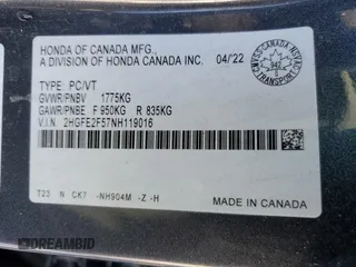 2022 Honda Civic Sedan Sport with VIN 2HGFE2F57NH119016, listed as a Copart auction lot 47382465 with 91,397 mi miles and Salvage Title. Bid and sale history available at carsss.com. Image 12.