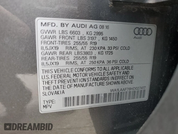 2017 Audi Q7 Premium Plus with VIN WA1LAAF78HD027417, listed as a Copart auction lot 50961825 with 122,053 mi miles and Salvage Title. Bid and sale history available at carsss.com. Image 16.