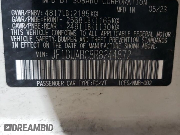 2024 Subaru Impreza с VIN JF1GUABC8R8244872, выставлен на аукционе Copart как лот 58072635 с пробегом 6 341 миль миль и Списание • Salvage title. История ставок и продаж доступна на DreamBid. Изображение 12.