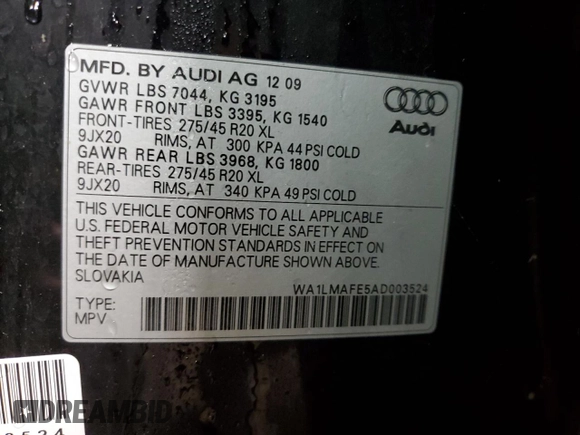 2010 Audi Q7 Premium Plus with VIN WA1LMAFE5AD003524, listed as a Copart auction lot 73538524 with 122,988 mi miles and Clean title. Bid and sale history available at DreamBid. Image 13.