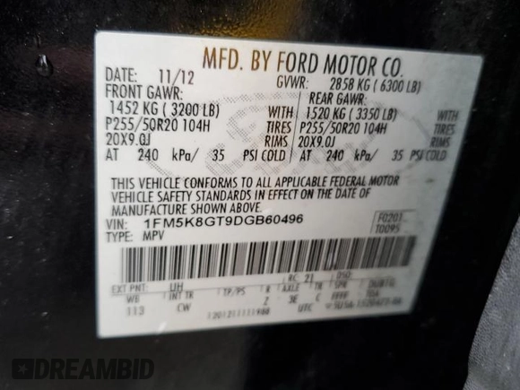 2013 Ford Explorer Sport z VIN 1FM5K8GT9DGB60496, wystawiony jako Copart lot #51784065 z przebiegiem 173 435 mil mil oraz Szkoda całkowita • Salvage title. Historia ofert i sprzedaży dostępna na DreamBid. Obrazek 13.