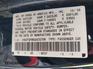 2010 Honda Accord EX-L z VIN 1HGCP2F86AA032708, wystawiony jako IAAI lot #42010837 z przebiegiem 196 739 mil mil oraz . Historia ofert i sprzedaży dostępna na DreamBid. Obrazek 9.