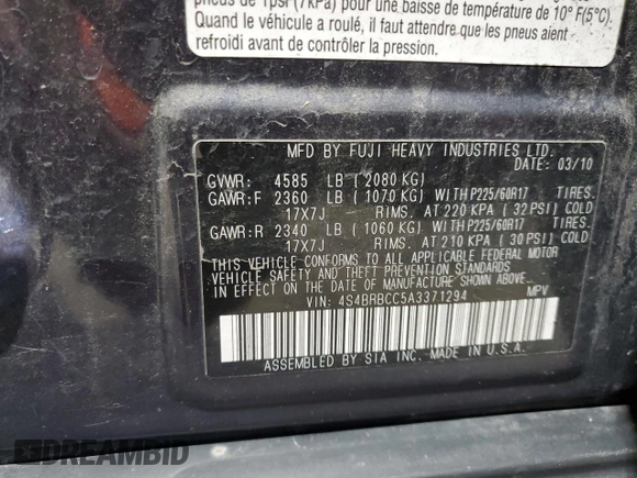 2010 Subaru Outback Premium All-Weather Anniversary z VIN 4S4BRBCC5A3371294, wystawiony jako Copart lot #54574635 z przebiegiem 131 739 mil mil oraz Szkoda całkowita • Salvage title. Historia ofert i sprzedaży dostępna na DreamBid. Obrazek 13.