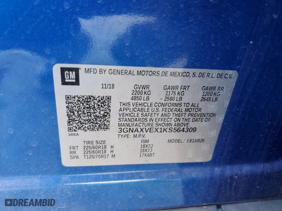 2019 Chevrolet Equinox LT with VIN 3GNAXVEX1KS564309, listed as a Copart auction lot 52532655 with 94,595 mi miles and Salvage Title. Bid and sale history available at carsss.com. Image 13.