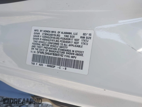 2015 Honda Odyssey EX-L with VIN 5FNRL5H64FB069742, listed as a IAAI auction lot 42101807 with 152,611 mi miles and . Bid and sale history available at DreamBid. Image 9.
