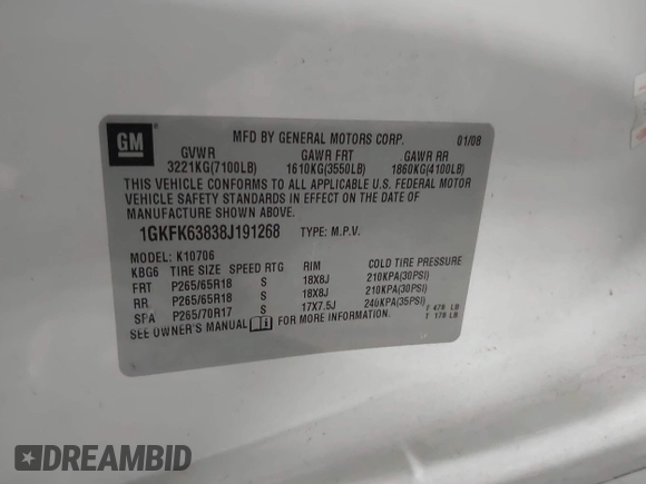 2008 GMC Yukon Denali z VIN 1GKFK63838J191268, wystawiony jako IAAI lot #41586712 z przebiegiem 206 128 mil mil oraz . Historia ofert i sprzedaży dostępna na DreamBid. Obrazek 9.
