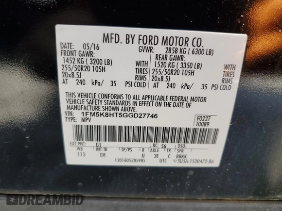 2016 Ford Explorer Platinum with VIN 1FM5K8HT5GGD27746, listed as a Copart auction lot 49656835 with 191,774 mi miles and Salvage Title. Bid and sale history available at DreamBid. Image 13.