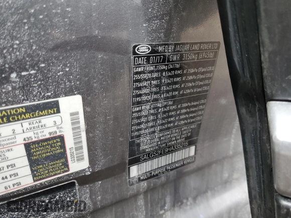 2017 Land Rover Range Rover с VIN SALGS2FE9HA335215, выставлен на аукционе Copart как лот 47974405 с пробегом 120 235 миль миль и Списание • Salvage title. История ставок и продаж доступна на DreamBid. Изображение 13.