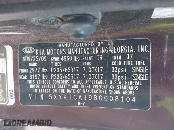 2011 Kia Sorento LX with VIN 5XYKTCA19BG008104, listed as a IAAI auction lot 42250877 with 121,288 mi miles and . Bid and sale history available at DreamBid. Image 9.