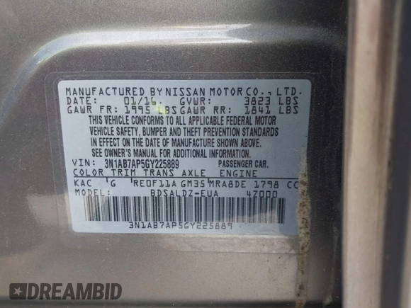 2016 Nissan Sentra SV with VIN 3N1AB7AP5GY225889, listed as a IAAI auction lot 42211674 with 131,693 mi miles and . Bid and sale history available at DreamBid. Image 9.