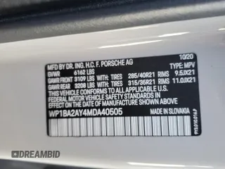 2021 Porsche Cayenne z VIN WP1BA2AY4MDA40505, wystawiony jako Copart lot #54392075 z przebiegiem Nie podano mil oraz Szkoda całkowita • Salvage title. Historia ofert i sprzedaży dostępna na DreamBid. Obrazek 14.