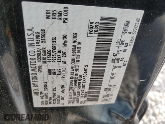 1999 Ford Ranger XL with VIN 1FTYR10C1XPB36812, listed as a Copart auction lot 54751214 with 277,416 mi miles and Salvage title. Bid and sale history available at DreamBid. Image 12.