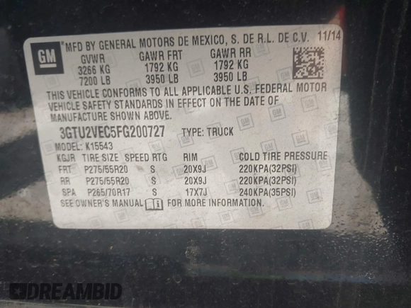2015 GMC Sierra 1500 SLT with VIN 3GTU2VEC5FG200727, listed as a IAAI auction lot 42017160 with 191,201 mi miles and . Bid and sale history available at DreamBid. Image 9.