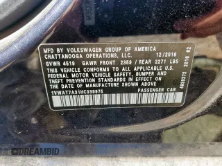 2017 Volkswagen Passat S with VIN 1VWAT7A31HC039975, listed as a Copart auction lot 64820155 with 134,050 mi miles and Salvage title. Bid and sale history available at DreamBid. Image 12.