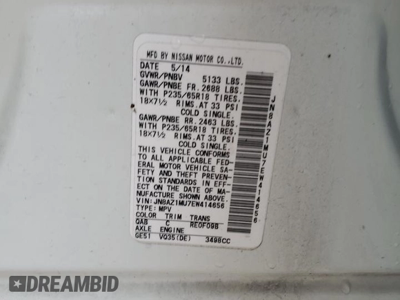 2014 Nissan Murano SV with VIN JN8AZ1MU7EW414656, listed as a Copart auction lot 75026614 with 0 mi miles and Salvage Title. Bid and sale history available at carsss.com. Image 13.