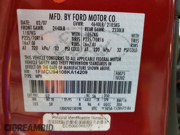 2008 Ford Escape Limited z VIN 1FMCU94108KA14209, wystawiony jako Copart lot #57857305 z przebiegiem 186 893 mil mil oraz Szkoda całkowita • Salvage title. Historia ofert i sprzedaży dostępna na DreamBid. Obrazek 14.