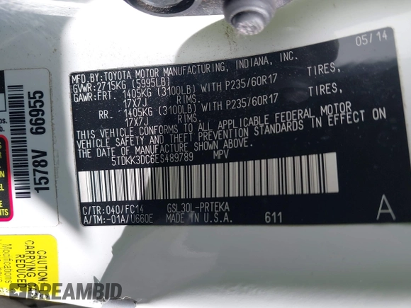 2014 Toyota Sienna LE AAS with VIN 5TDKK3DC6ES489789, listed as a IAAI auction lot 41899933 with 81,090 mi miles and . Bid and sale history available at DreamBid. Image 9.
