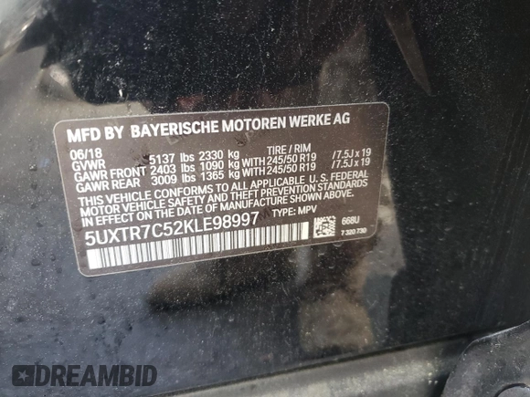 2019 BMW X3 sDrive30i with VIN 5UXTR7C52KLE98997, listed as a Copart auction lot 50659845 with 98,108 mi miles and Salvage Title. Bid and sale history available at carsss.com. Image 13.