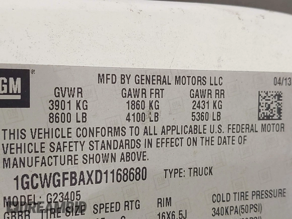 2013 Chevrolet Express Cargo Van with VIN 1GCWGFBAXD1168680, listed as a IAAI auction lot 42113126 with 162,376 mi miles. Bid and sale history available at carsss.com. Image 8.