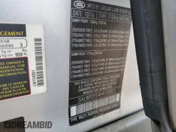 2017 Land Rover Range Rover Sport with VIN SALWR2FE4HA124351, listed as a Copart auction lot 53624455 with Not Provided miles and Salvage Title. Bid and sale history available at DreamBid. Image 13.