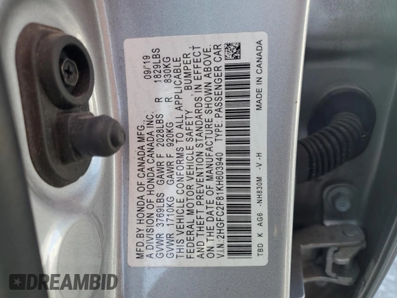 2019 Honda Civic Sport with VIN 2HGFC2F81KH603940, listed as a Copart auction lot 47773335 with 30,466 mi miles and Clean Title. Bid and sale history available at DreamBid. Image 12.