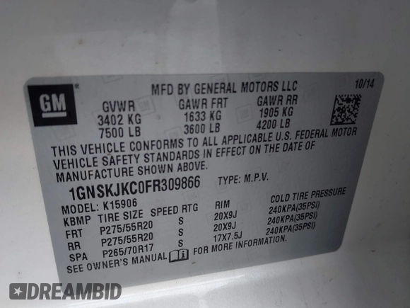 2015 Chevrolet Suburban LT with VIN 1GNSKJKC0FR309866, listed as a IAAI auction lot 41743848 with 220,778 mi miles and . Bid and sale history available at DreamBid. Image 9.