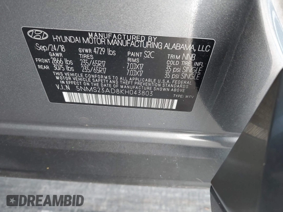 2019 Hyundai Santa Fe SE с VIN 5NMS23AD8KH043803, выставлен на аукционе IAAI как лот 42689607 с пробегом 130 431 миль миль и . История ставок и продаж доступна на DreamBid. Изображение 9.