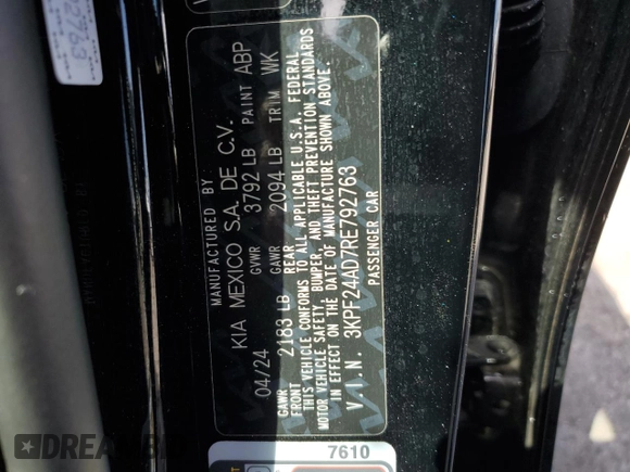 2024 Kia Forte LXS with VIN 3KPF24AD7RE792763, listed as a Copart auction lot 51757205 with 17,574 mi miles and Non Repairable. Bid and sale history available at carsss.com. Image 13.