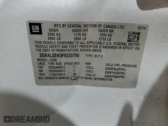 2015 GMC Terrain SLT with VIN 2GKALSEK0F6233799, listed as a Copart auction lot 60523865 with 142,042 mi miles and Salvage title. Bid and sale history available at DreamBid. Image 13.