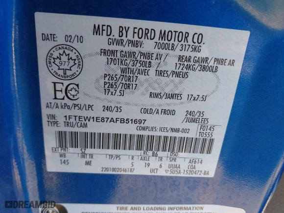2010 Ford F-150 XL with VIN 1FTEW1E87AFB51697, listed as a IAAI auction lot 41454088 with 171,787 mi miles. Bid and sale history available at carsss.com. Image 9.