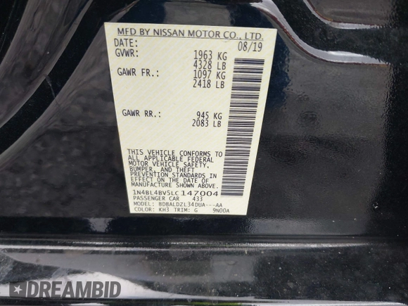 2020 Nissan Altima 2.5 S with VIN 1N4BL4BV5LC147004, listed as a IAAI auction lot 41929534 with 67,157 mi miles. Bid and sale history available at carsss.com. Image 9.