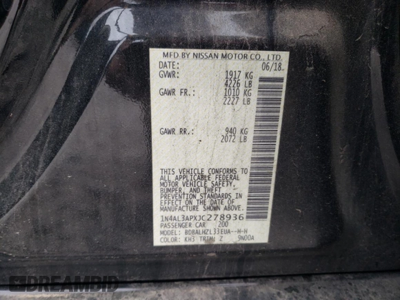 2018 Nissan Altima 2.5 SR with VIN 1N4AL3APXJC278936, listed as a Copart auction lot 48160004 with 0 mi miles and Salvage Title. Bid and sale history available at carsss.com. Image 13.
