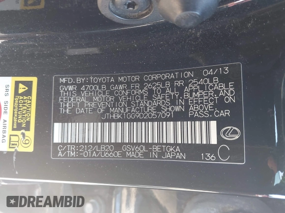 2013 Lexus ES 250 с VIN JTHBK1GG9D2057091, выставлен на аукционе IAAI как лот 41681479 с пробегом 147 170 миль миль и . История ставок и продаж доступна на DreamBid. Изображение 9.