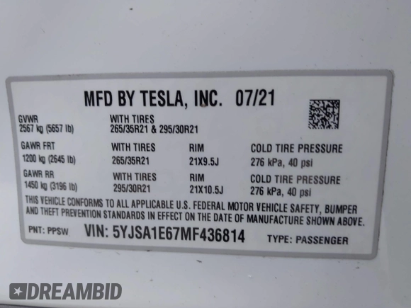 2021 Tesla Model S Plaid с VIN 5YJSA1E67MF436814, выставлен на аукционе IAAI как лот 42499058 с пробегом 21 401 миль миль и . История ставок и продаж доступна на DreamBid. Изображение 9.