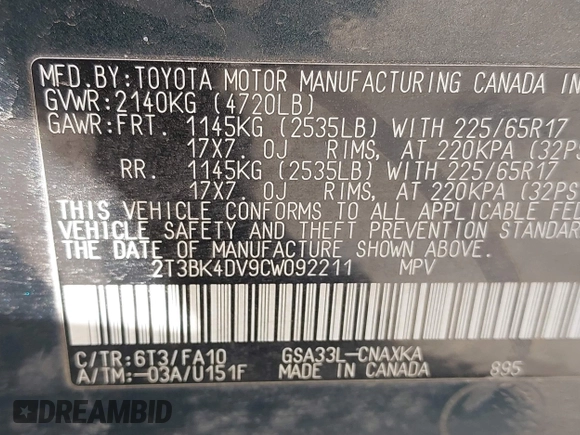 2012 Toyota RAV4 с VIN 2T3BK4DV9CW092211, выставлен на аукционе IAAI как лот 42245114 с пробегом 204 884 миль миль и . История ставок и продаж доступна на DreamBid. Изображение 9.