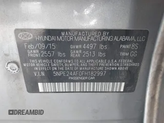 2015 Hyundai Sonata SE with VIN 5NPE24AF0FH182997, listed as a IAAI auction lot 42014095 with 80,109 mi miles and . Bid and sale history available at DreamBid. Image 9.