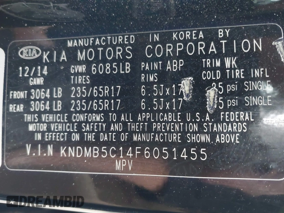 2015 Kia Sedona LX with VIN KNDMB5C14F6051455, listed as a IAAI auction lot 41991513 with 154,967 mi miles and . Bid and sale history available at DreamBid. Image 9.