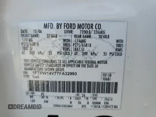 2007 Ford F-150 XLT with VIN 1FTPW14V77FA32993, listed as a Copart auction lot 55674595 with 288,892 mi miles and Salvage title. Bid and sale history available at DreamBid. Image 12.