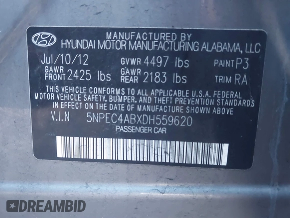 2013 Hyundai Sonata Limited with VIN 5NPEC4ABXDH559620, listed as a IAAI auction lot 41763430 with 120,330 mi miles and . Bid and sale history available at carsss.com. Image 9.
