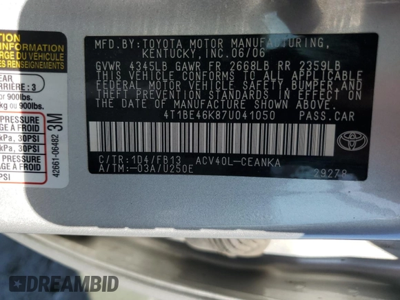 2007 Toyota Camry CE with VIN 4T1BE46K87U041050, listed as a Copart auction lot 47277715 with 123,826 mi miles and Salvage Title. Bid and sale history available at DreamBid. Image 12.