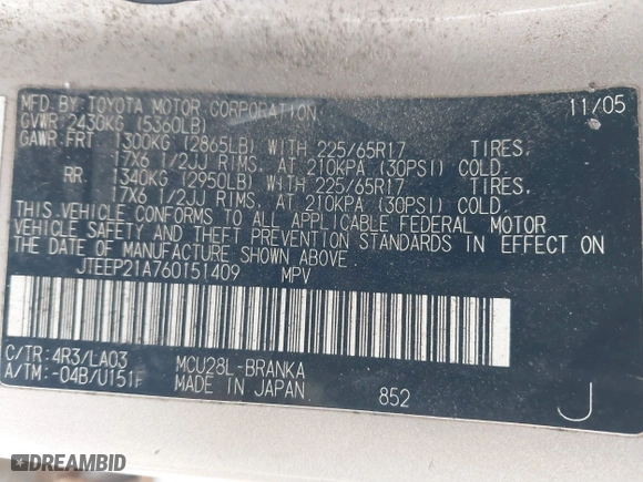 2006 Toyota Highlander w/3rd Row with VIN JTEEP21A760151409, listed as a IAAI auction lot 41395361 with 236,217 mi miles. Bid and sale history available at carsss.com. Image 9.