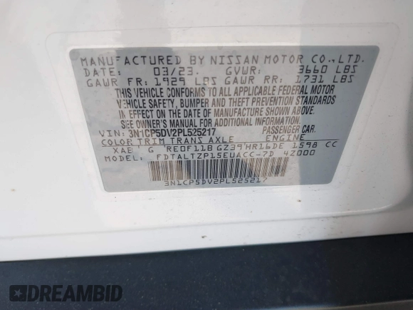 2023 Nissan Kicks SR with VIN 3N1CP5DV2PL525217, listed as a IAAI auction lot 41690577 with 9,556 mi miles and . Bid and sale history available at DreamBid. Image 9.